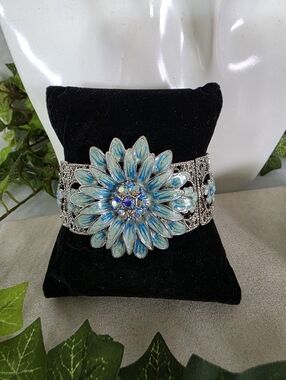 Blue Enamel Floral Stretch Bracelet Silver Filigree Crystal Statement Boho
